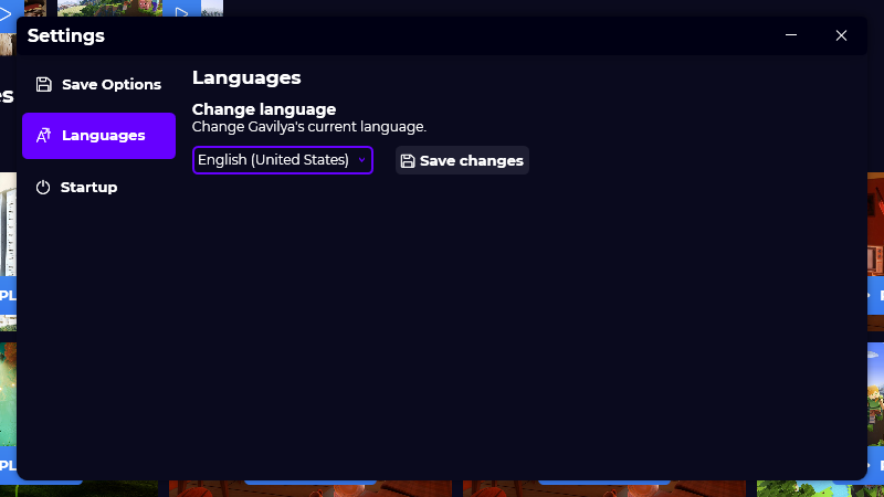 “Language” page of Gavilya’s settings