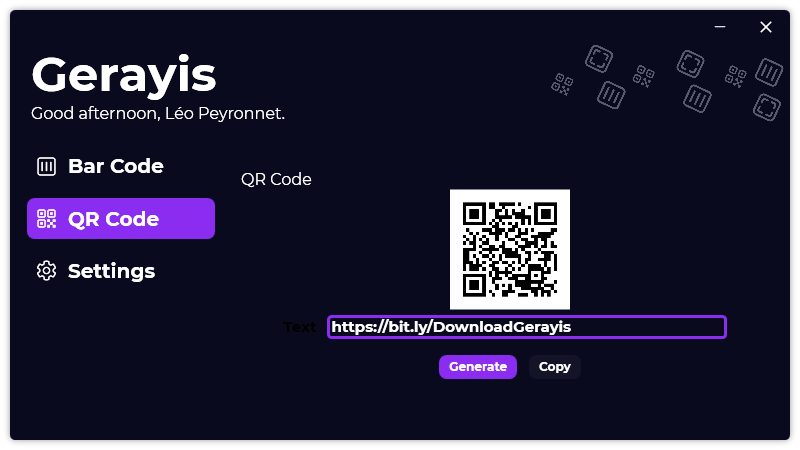 The “QR Code” page of Gerayis