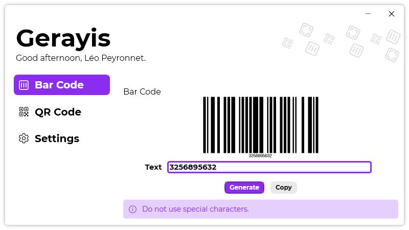 The “Bar Code” page of Gerayis