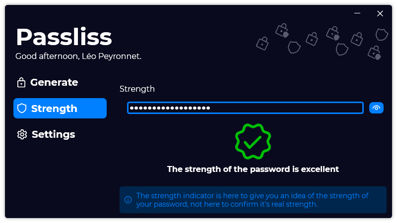 The “Strength” page of Passliss in dark theme