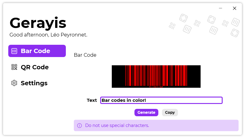 A red and black bar code generated using Gerayis