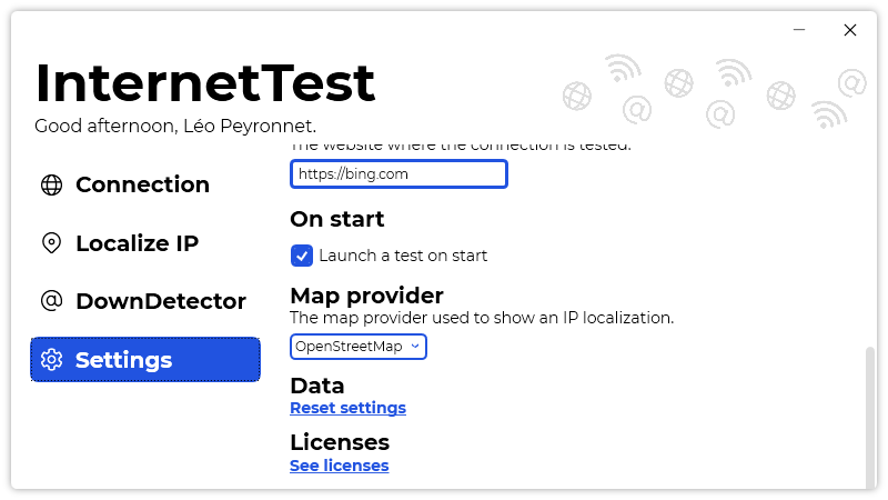 The On Start section of InternetTest’s settings