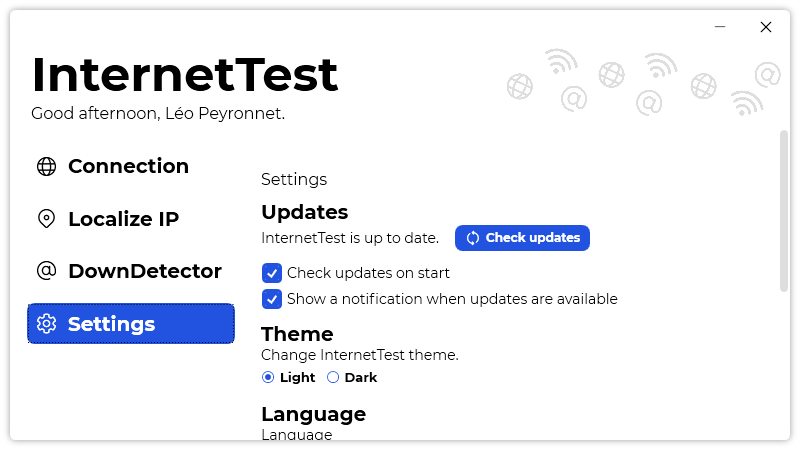 The Update section of InternetTest’s settings