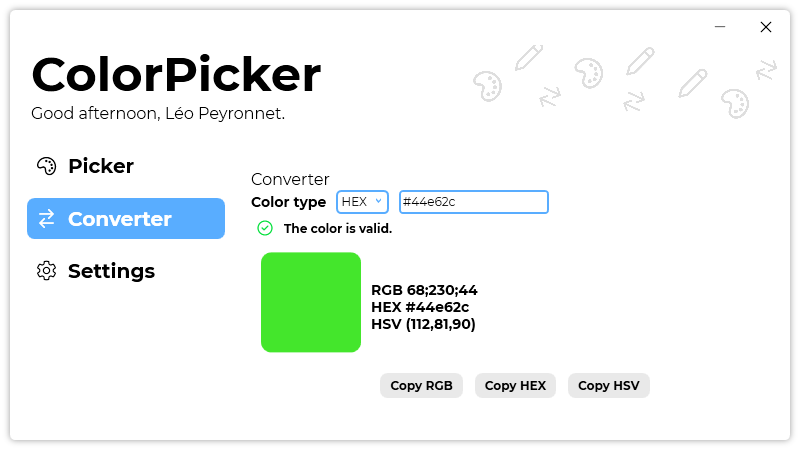 The “Converter” page of ColorPicker