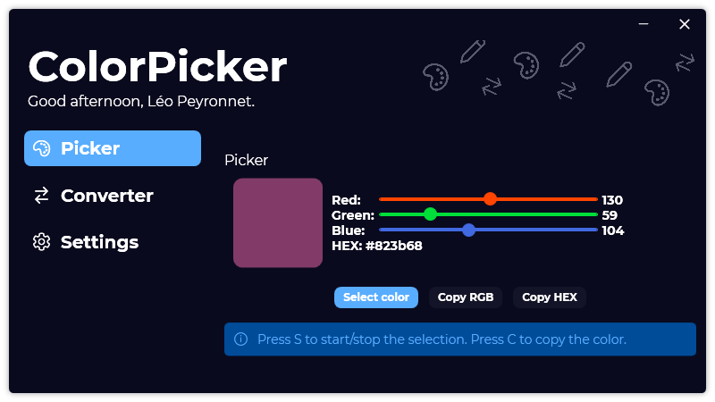 The dark mode of ColorPicker