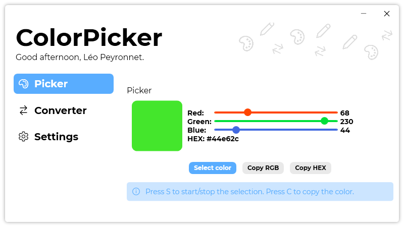 The “Picker” page of ColorPicker