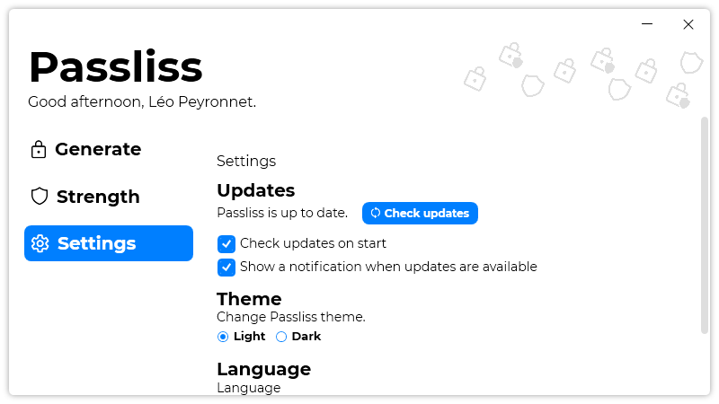 The Update section of the Settings page of Passliss