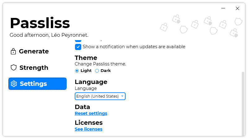 The Data section of the Settings page of Passliss
