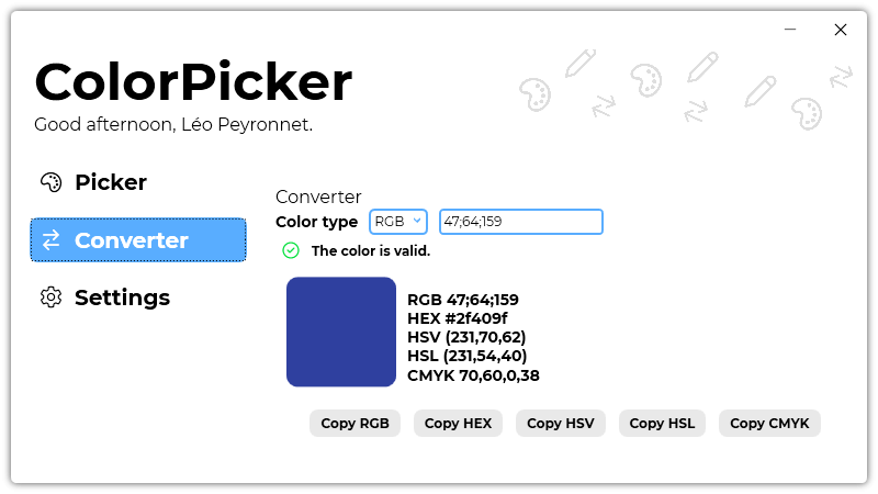 The “Converter” page of ColorPicker