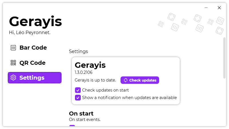 The “Settings” page of Gerayis