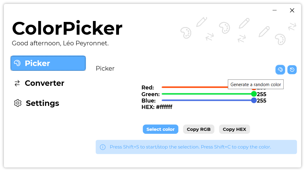 The “Picker” page of ColorPicker.