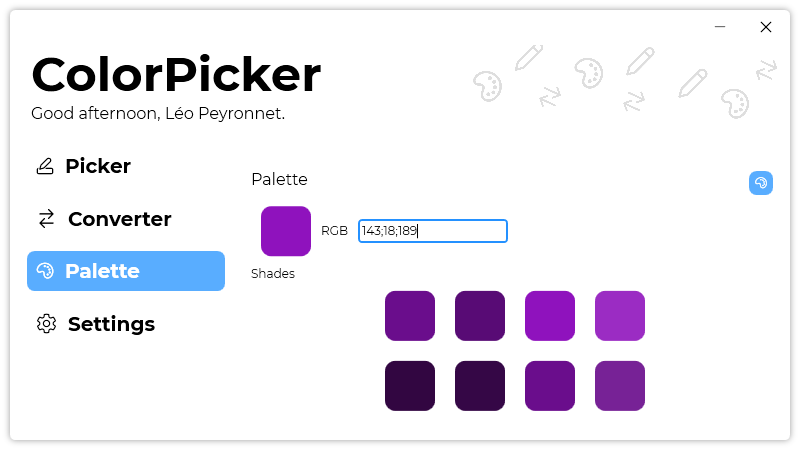 The “Palette” page of ColorPicker.
