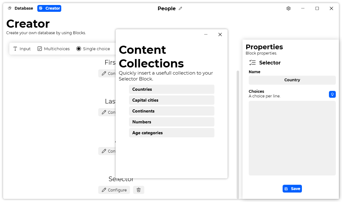 The “Content collections” window of Datalya.