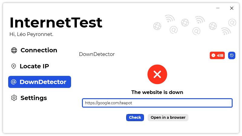 The “DownDetector” page of InternetTest