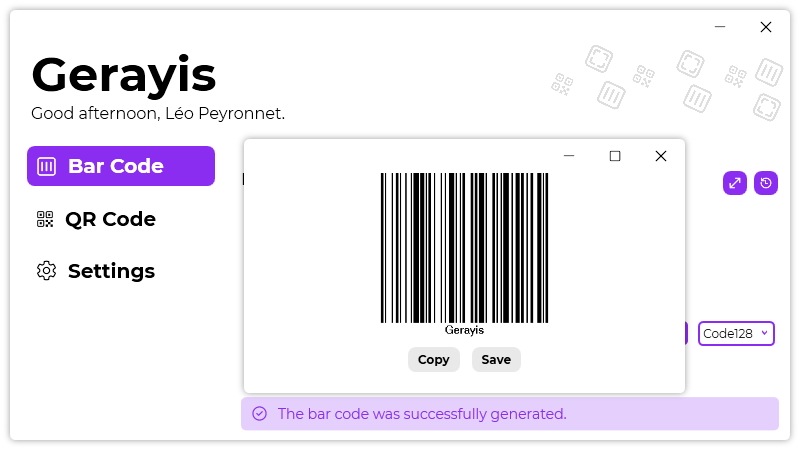 The “Bar code” page of Gerayis, with the “See full bar code” window opened