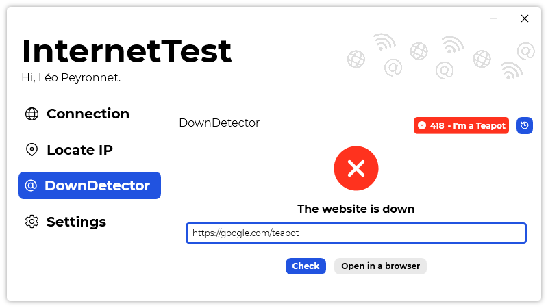 The “DownDetector” page of InternetTest, with the status code 418 (I’m a teapot)