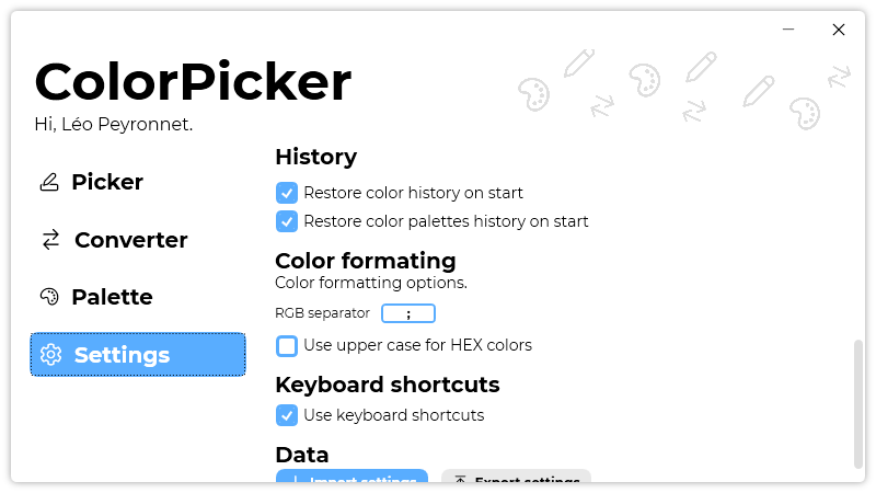 The ColorPicker’s Settings page.