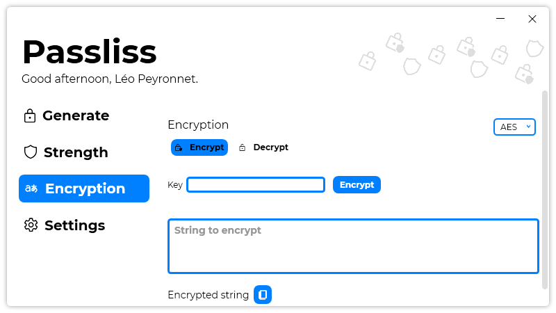 The “Encryption” page of Passliss.