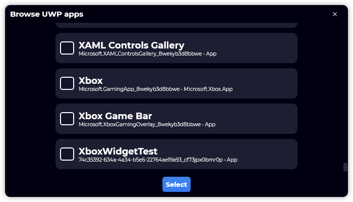 The “Browse UWP Apps” dialog of Gavilya.