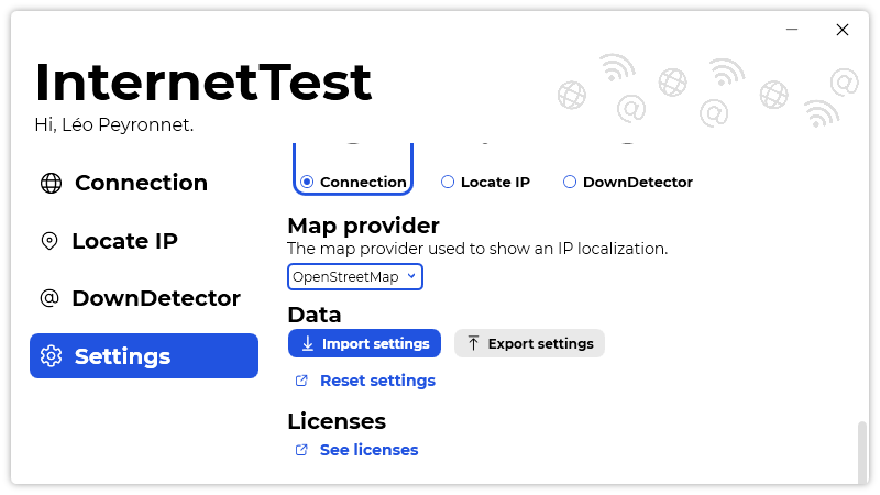 The “Settings” page of InternetTest.