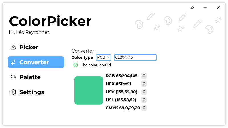 The “Converter” page of ColorPicker.