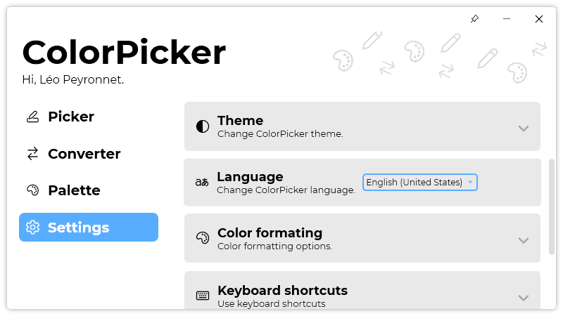 The “Settings” page of ColorPicker.