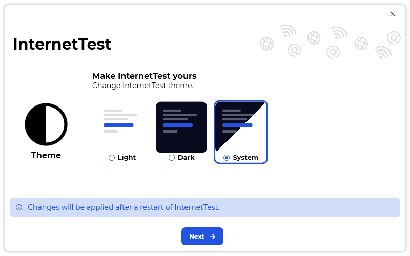 The “Welcome” dialog’s “Select a theme” page of InternetTest.