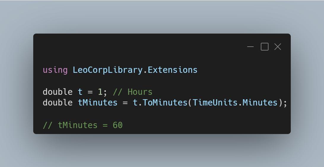 A C# code sample using LeoCorpLibrary extensions.