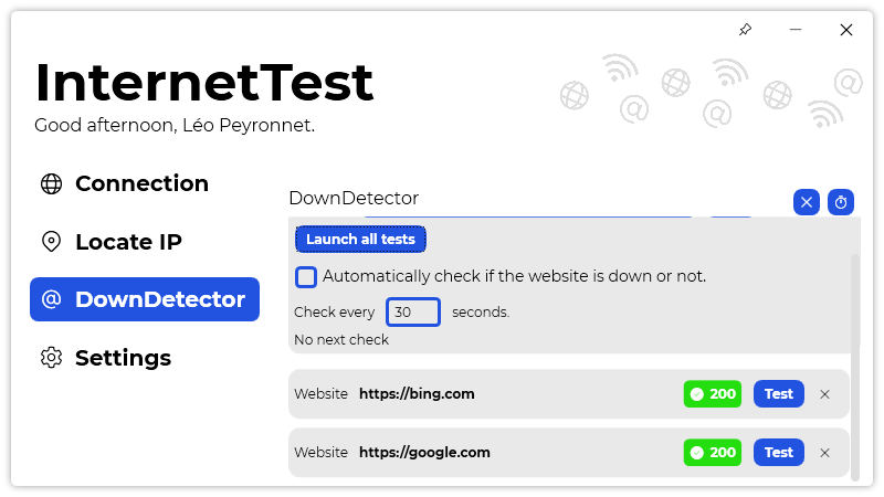 The new DownDetector page section of InternetTest.