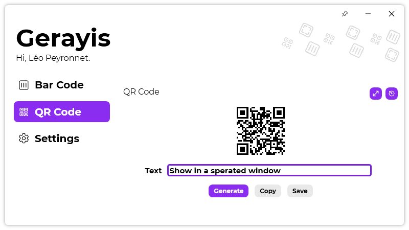 The “QR code” page of Gerayis