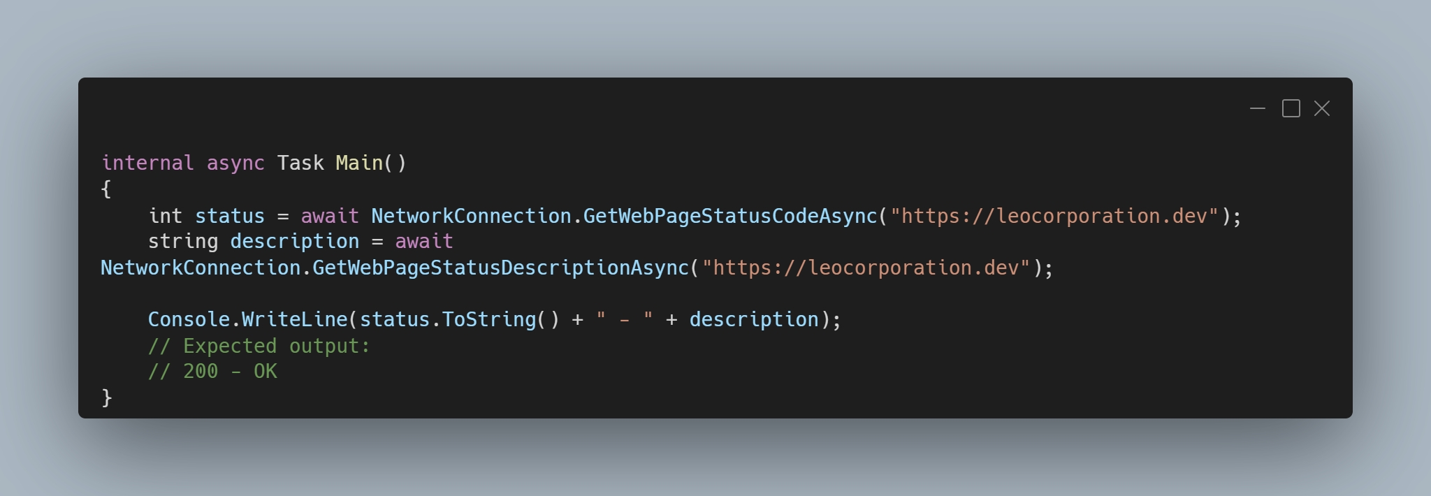 A C# code sample using LeoCorpLibrary NetworkConnection methods that can get the status code of a specific website.