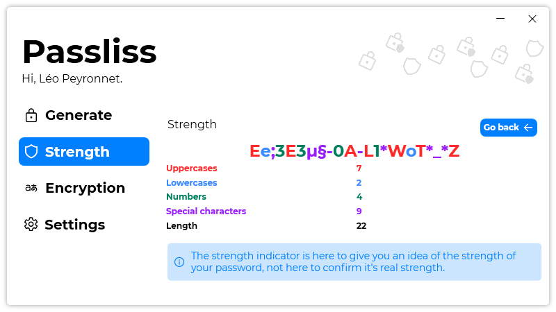 The “Strength” page of Passliss, with the “Info” panel opened.
