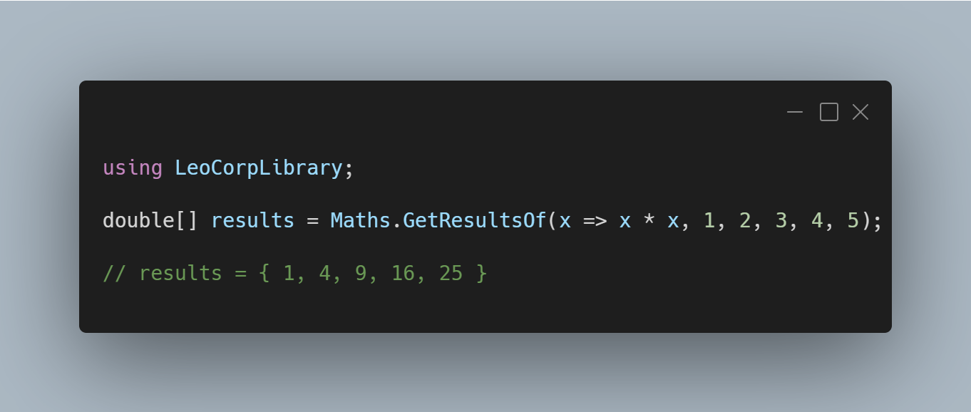 A C# code sample using LeoCorpLibrary Maths methods.