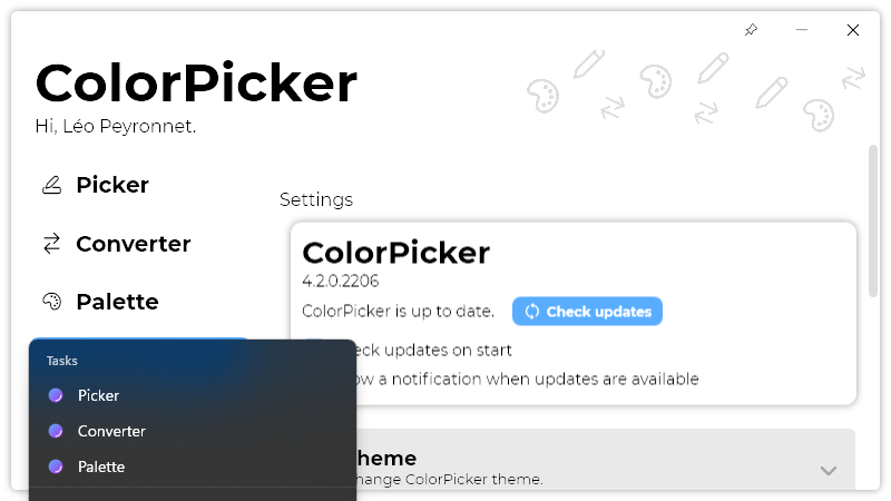 The “Settings” page of ColorPicker, with the taskbar jumplist opened.