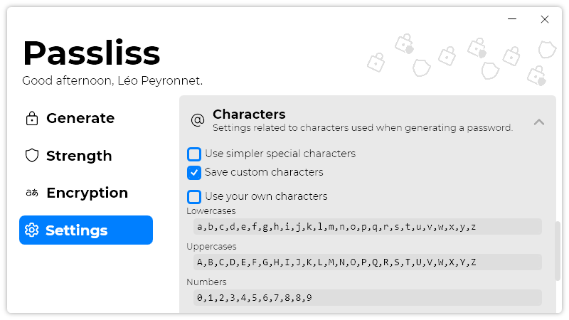 The “Settings” page of Passliss