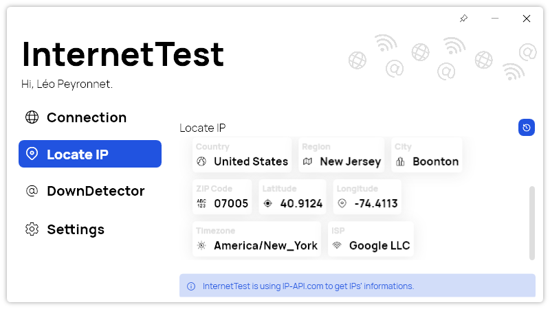 The new locate IP page of InternetTest
