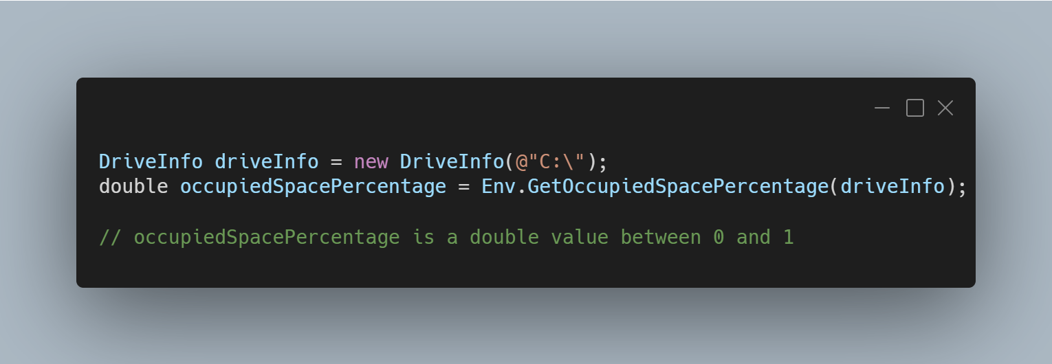 A C# code sample using LeoCorpLibrary that gets the occupied space percentage of a specified drive.