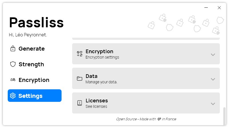 The “Settings” page of Passliss