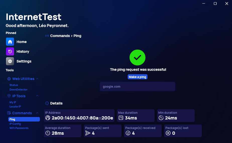 The dark theme of InternetTest Pro