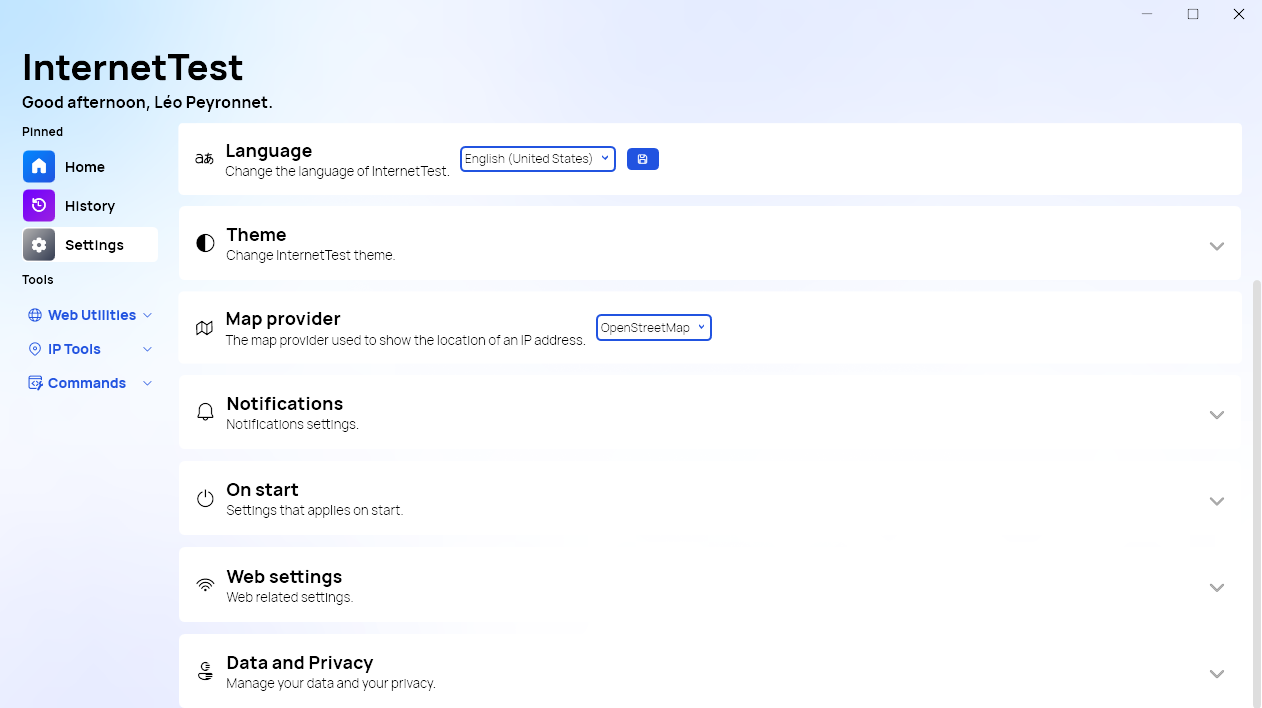 The settings of InternetTest Pro