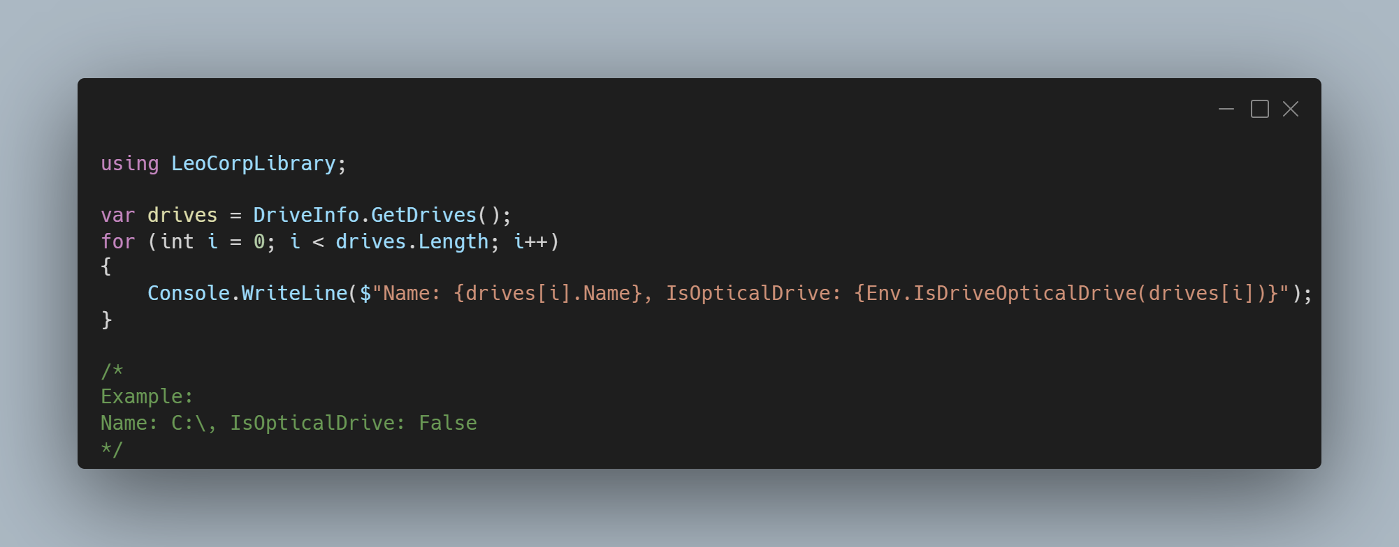 A C# code sample using LeoCorpLibrary.