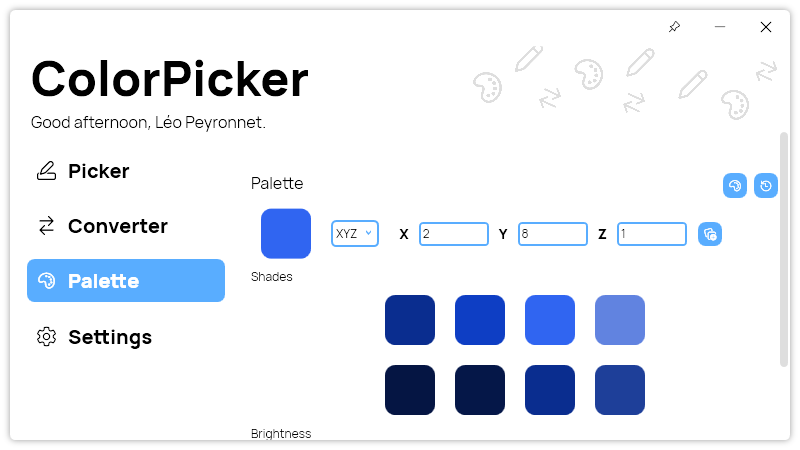 ColorPicker’s “Palette” page with XYZ color type selected.