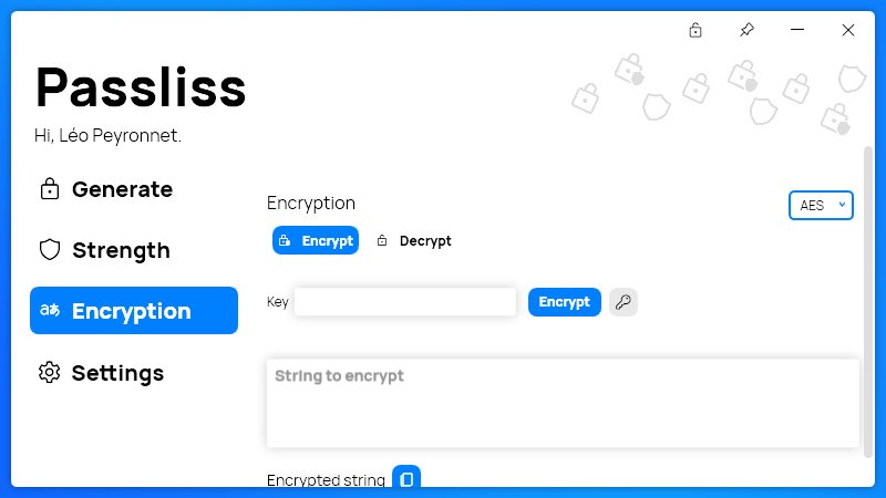 The “Encrypt” page of Passliss with new TextBoxes
