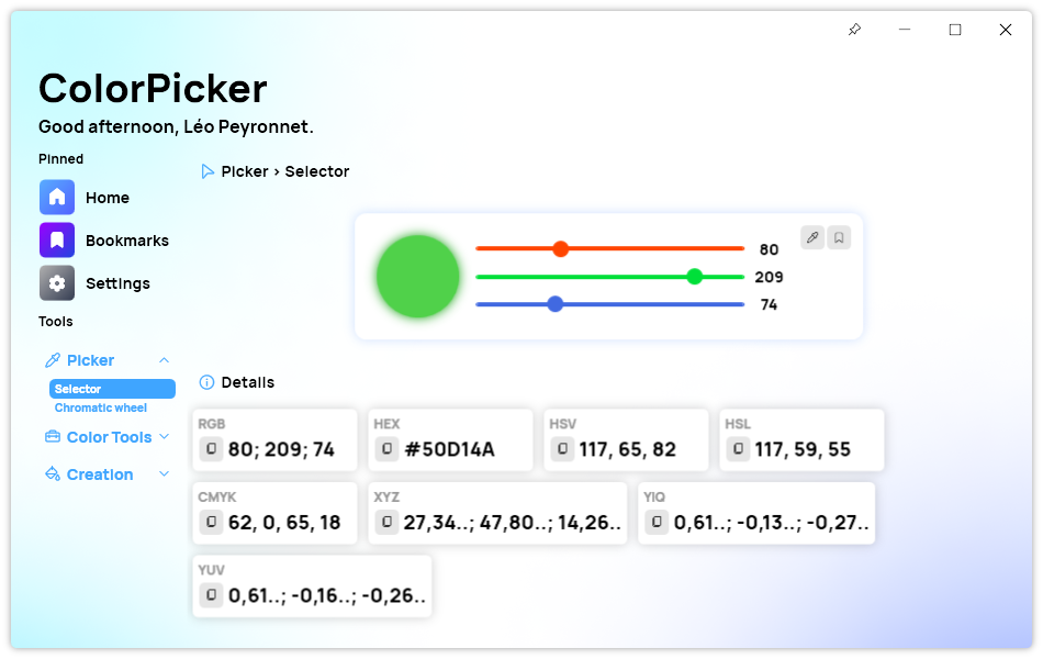 The selector page of ColorPicker Max