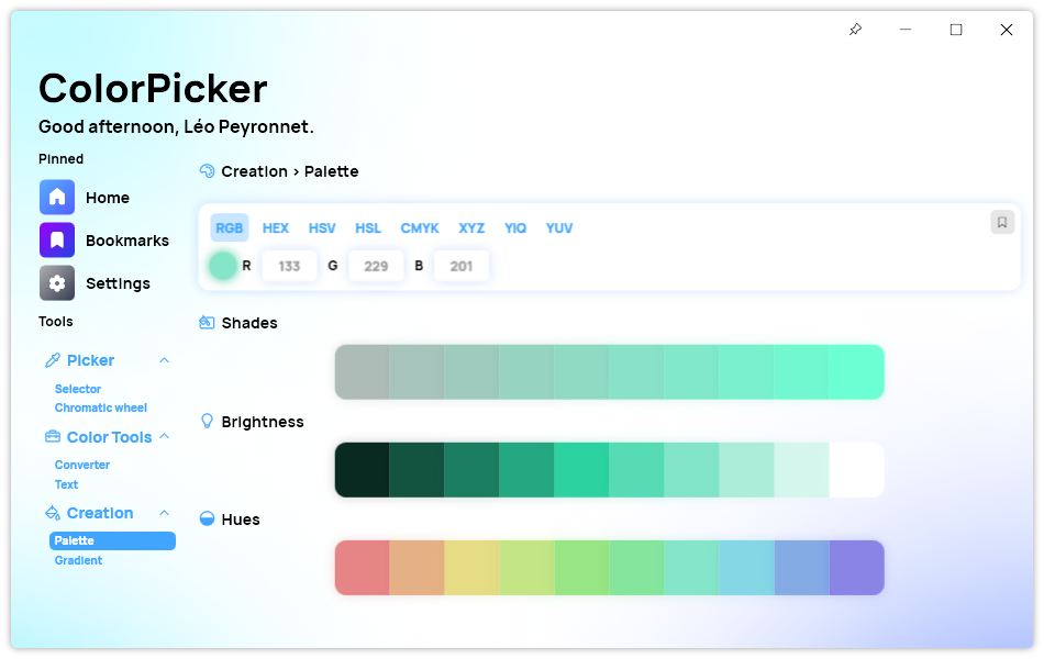The Palette page of ColorPicker Max