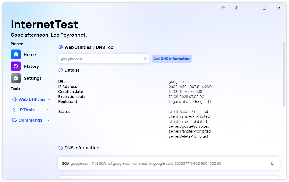 The new “DNS Tool” feature of InternetTest Pro
