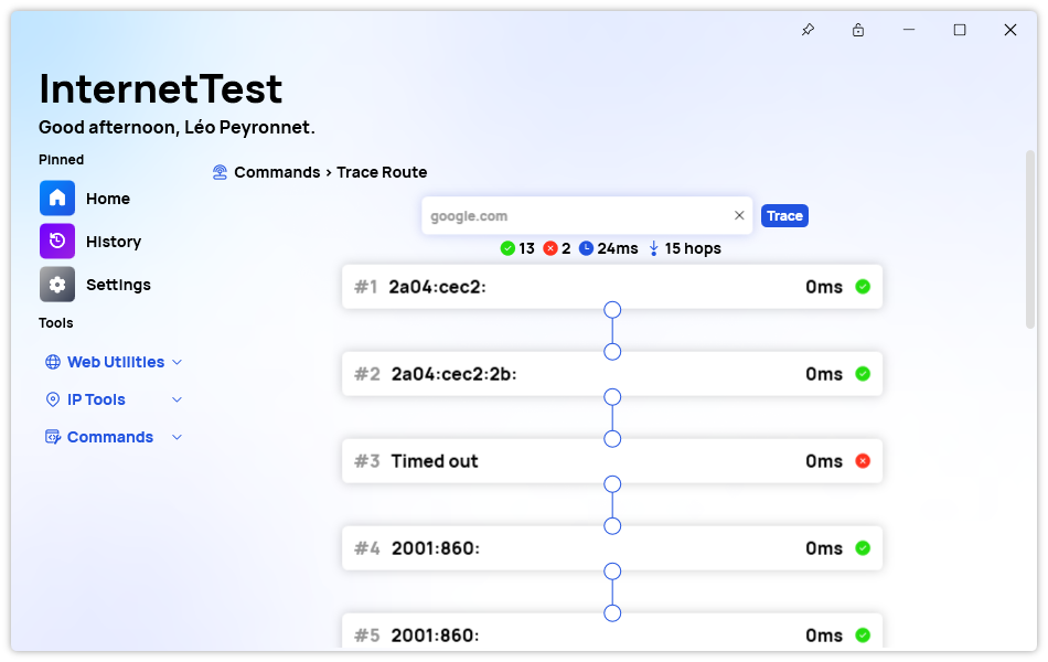 The Traceroute page of InternetTest Pro, with a traceroute result for google.com