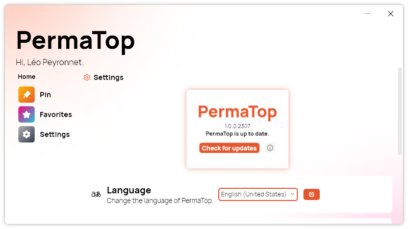 The Settings page of PermaTop