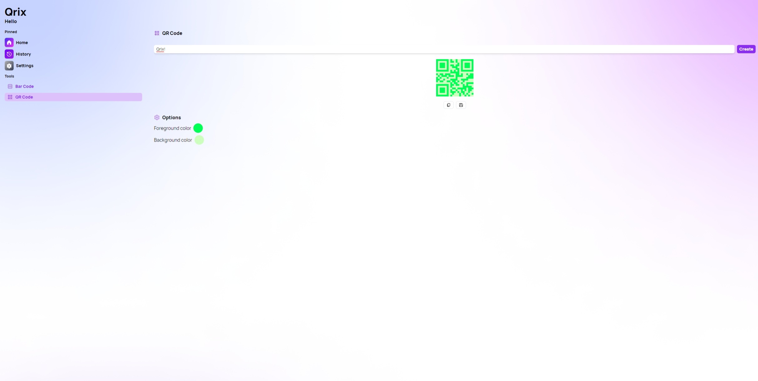 The QR Code generator feature with custom colors selected.