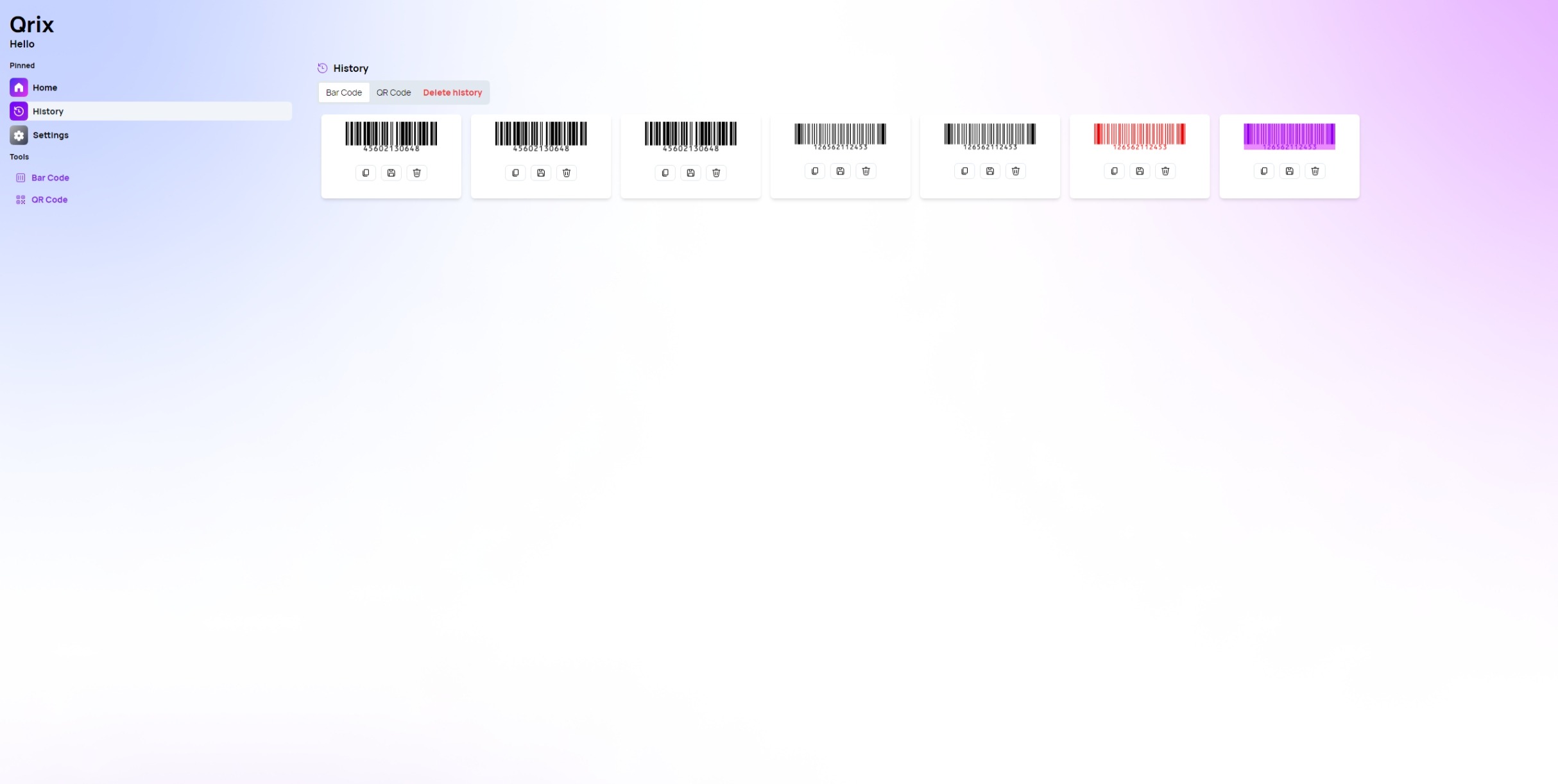 The History page showing the recently generated Bar Codes.